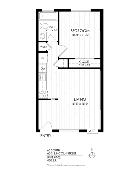 Floor plan for 1 bed, 1 bath, 485 sqft